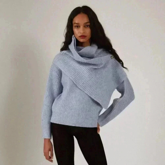 NWT Thakoon Chunky Scarf Ribbed Knit Turtleneck Sweater Black Size Small - Picture 7 of 7